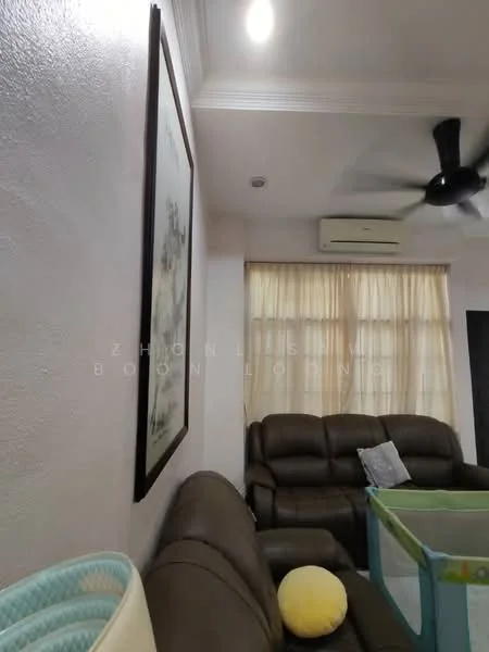 Living features: light brown leather sofa, ceiling fan, recessed downlights, cream curtains, framed artwork on wall, white painted walls, wooden flooring, decorative yellow plush toy, green playpen, air conditioning unit; style: modern.