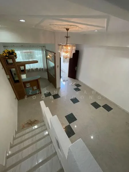 Room features: white painted walls, marble flooring, chandelier, staircase with white railing, large window with sheer curtains, wooden cabinet, door leading outside, decorative ceiling, black and white floor tiles; style: modern.