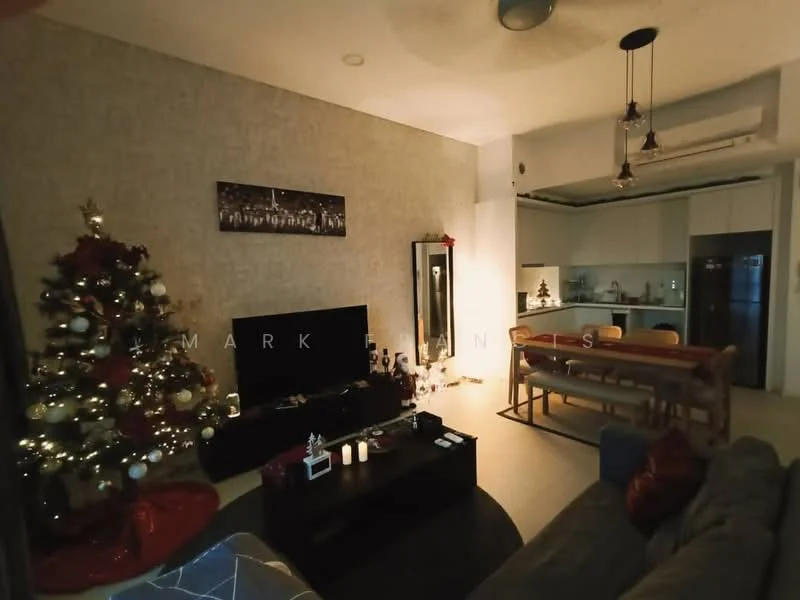 Living features: grey fabric sofa, coffee table, wall-mounted TV, decorative Christmas tree, wall art, recessed downlights, pendant light, cream wallpaper, dining table with chairs, open kitchen area, kitchen cabinetry, stainless-steel fridge; style: modern.