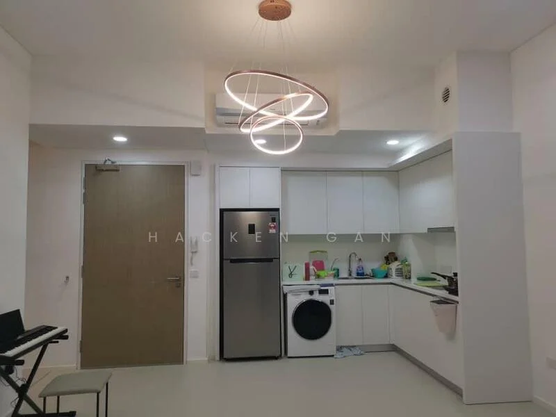 Kitchen features: white cabinetry, stainless-steel fridge, front-load washing machine, white countertop, sink, chrome faucet, ceramic tile flooring, recessed downlights, modern pendant light, open shelving, kitchen appliances, wall-mounted air conditioning unit; style: modern. Room features: white painted walls, door with wood finish.