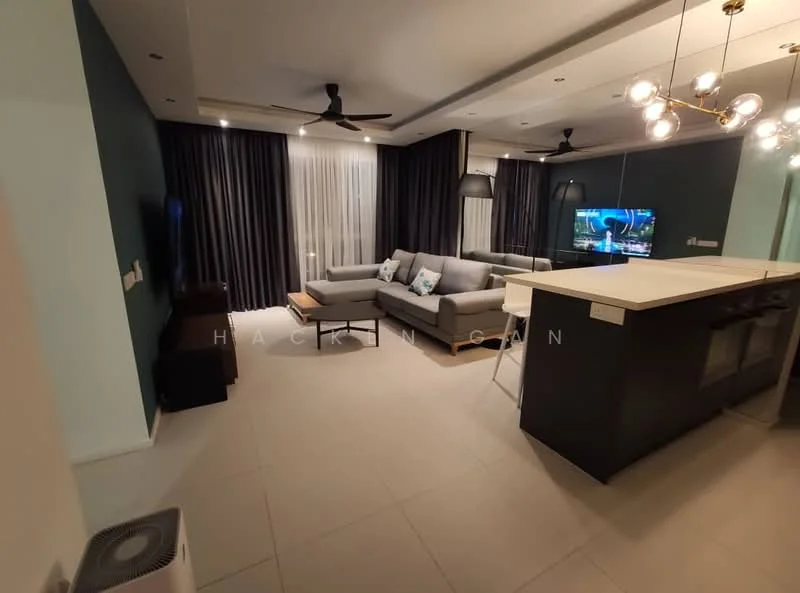 Living features: 3-seater fabric sofa in grey, coffee table, wall-mounted TV, TV console, area rug, floor-to-ceiling windows with sheer curtains, ceiling fan with light, recessed downlights, light grey tiled flooring, green accent wall, white painted walls, decorative wall art; style: modern. Kitchen features: kitchen island with white countertop, black cabinetry, stainless-steel sink, built-in oven, stainless-steel range hood, 4-burner gas hob, recessed downlights; style: modern.