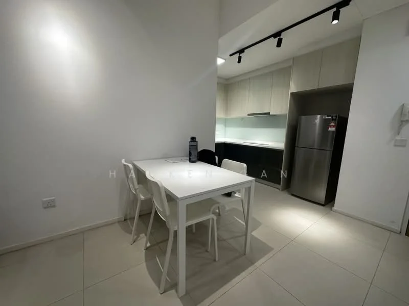 Dining features: white dining table, 4 white dining chairs, white painted walls, tile flooring, recessed LED downlights, open layout to kitchen, stainless-steel fridge, kitchen cabinetry with light wood finish, black countertop, glass backsplash; style: modern.