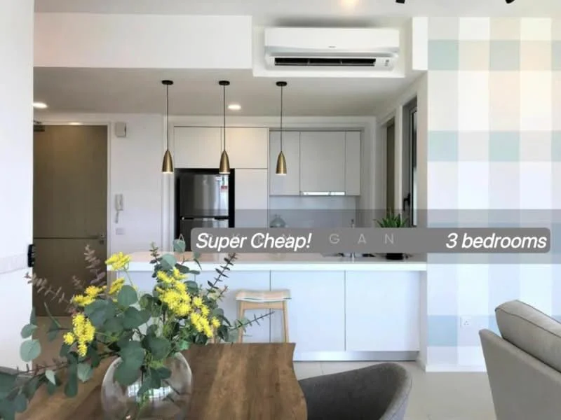 Kitchen features: white cabinetry, stainless-steel fridge, built-in oven, 4-burner gas hob, single-bowl stainless-steel sink, chrome pull-down faucet, pendant lighting above countertop, white quartz countertop, open shelving, tile backsplash, air conditioning unit; style: modern. Dining features: wooden dining table, upholstered dining chairs, decorative plant centerpiece; style: modern.
