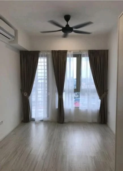 Room features: light wood laminate flooring, white painted walls, 5-blade ceiling fan with light, floor-to-ceiling windows, sheer curtains, dark brown curtains, air conditioning unit on wall; style: modern; view: city.