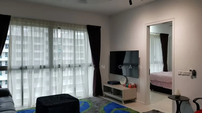Living features: floor-to-ceiling windows, sheer curtains, blackout curtains, wall-mounted TV, TV console, sofa, area rug with abstract pattern, decorative mirror, recessed downlights, ceiling fan; style: modern. Room features: light-colored walls, tile flooring, doorway leading to bedroom.