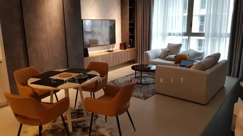 Living features: 3-seater fabric sofa in white, 2 armchairs in orange, round dining table with black and white tablecloth, 4 upholstered dining chairs, area rug with geometric pattern, wall-mounted TV, media console with storage, floor-to-ceiling windows with sheer curtains, decorative wall paneling, recessed downlights, light-colored tile flooring; style: modern; view: city.