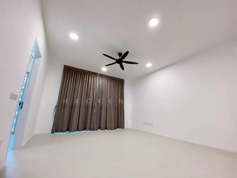 Living features: white painted walls, light grey tiled flooring, 5-blade ceiling fan, recessed LED downlights, floor-to-ceiling windows, brown curtains, no visible furniture, neutral color palette; style: modern.