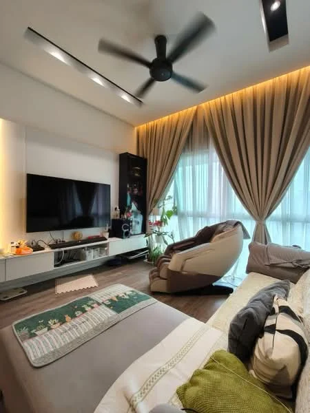 Living features: 5-blade ceiling fan with light, wall-mounted TV, white media console, large windows with sheer curtains, wooden flooring, recessed LED downlights, decorative wall with ambient lighting, comfortable armchair, sofa with throw pillows, area rug, decorative plants; style: modern; view: city.
