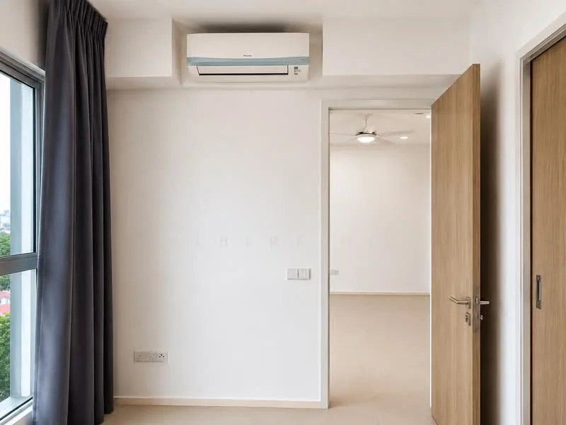 Room features: white painted walls, light-colored flooring, 1 wall-mounted split AC, 5-blade ceiling fan, floor-to-ceiling windows, curtains, wooden door, door handle; style: modern; view: city.