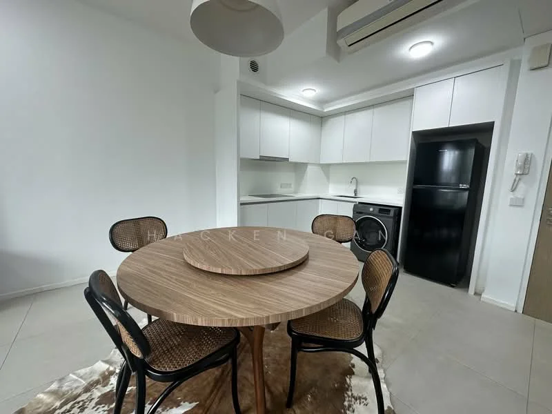 Dining features: round wooden dining table, 4 black dining chairs with cane backs, cream area rug, white painted walls, recessed downlights, air conditioning unit, kitchen cabinetry with white finish, stainless-steel sink, black refrigerator, built-in kitchen cabinetry, countertop space; style: modern.