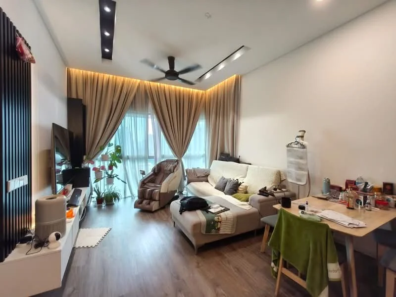 Living features: 3-seater fabric sofa in beige, recliner chair, coffee table, TV console, wall-mounted TV, floor-to-ceiling windows, sheer curtains, wooden flooring, ceiling fan with light, decorative plants, area rug, decorative wall paneling, LED strip lighting; style: modern; view: city.
