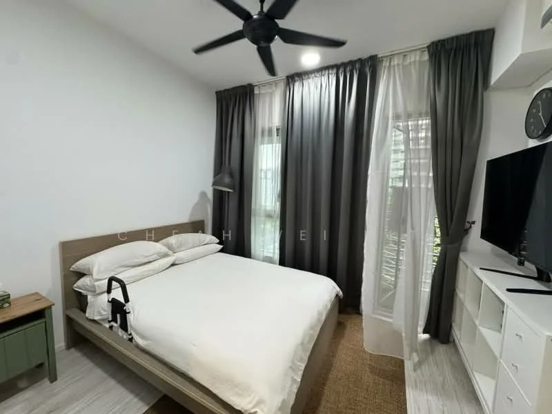 Bedroom features: queen-size bed with white bedding, wooden bed frame, 2 bedside tables, floor-to-ceiling windows, sheer curtains, blackout curtains, ceiling fan with light, wall-mounted TV, light wood flooring, decorative wall clock, green accent table, area rug; style: modern; view: garden.