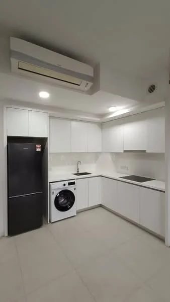 Kitchen features: white cabinetry, black fridge, front-load washing machine, single-bowl stainless-steel sink, chrome pull-down faucet, black countertop, ceramic tile flooring, recessed LED downlights, wall-mounted split AC; style: modern.