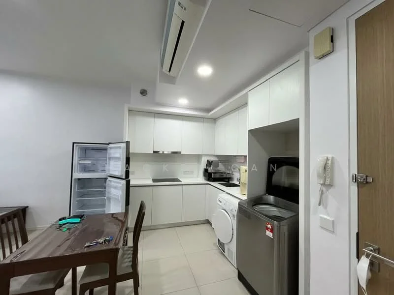 Kitchen features: white cabinetry, black countertop, built-in oven, stainless-steel fridge, front-load washing machine, stainless-steel sink, chrome pull-down faucet, ceramic tile flooring, recessed downlights, wall-mounted split AC, dining table with wooden finish, 4 dining chairs; style: modern.