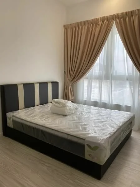Bedroom features: king-size bed, upholstered headboard, white bedding, wooden flooring, floor-to-ceiling windows, sheer curtains, cream curtains, wall-mounted light fixture; style: modern.