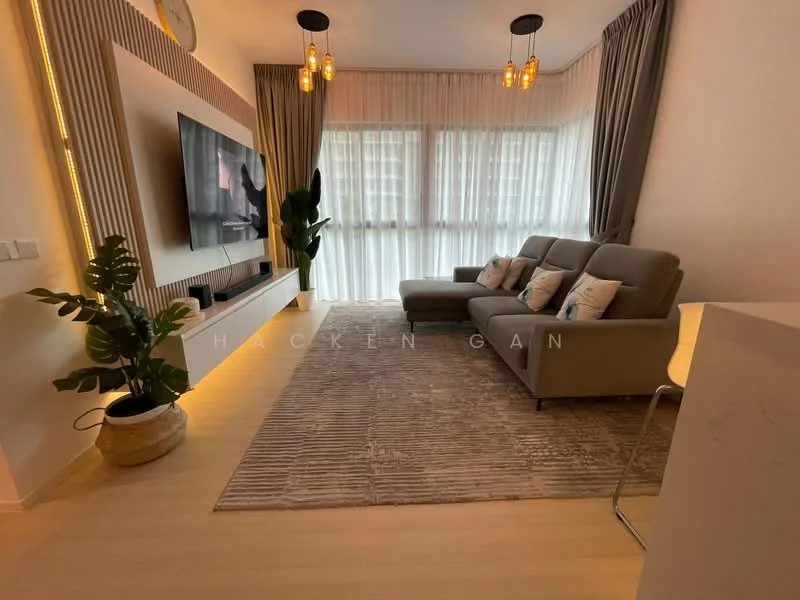 Living features: 3-seater fabric sofa in grey, area rug with geometric pattern, wall-mounted TV, TV console, pendant lights, floor-to-ceiling windows with sheer curtains, decorative houseplants in ceramic pot, wooden flooring, feature wall with vertical slats and LED lighting; style: modern.