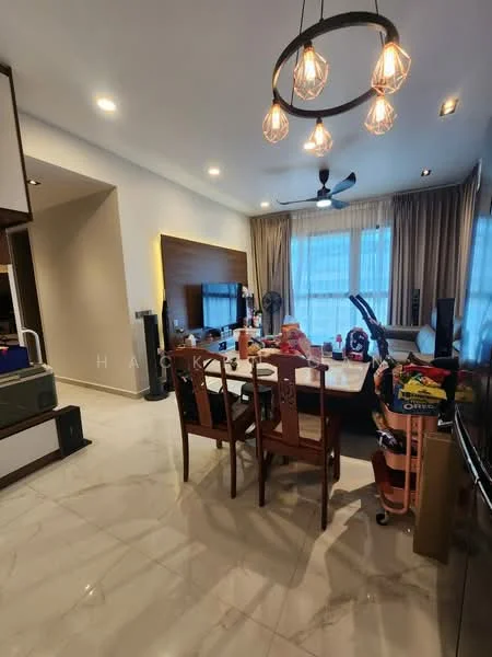 Dining features: marble tile flooring, white painted walls, recessed downlights, 5-blade ceiling fan with light, wood dining table, 4 wooden dining chairs, wall-mounted TV, curtains, decorative wall panel, stroller, various items on table; style: modern.