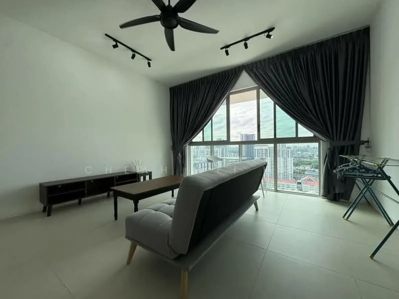 Living features: grey fabric sofa, wooden coffee table, TV console, floor-to-ceiling windows, blackout curtains, recessed LED downlights, 5-blade ceiling fan, light-coloured tile flooring, city view; style: modern; view: city.