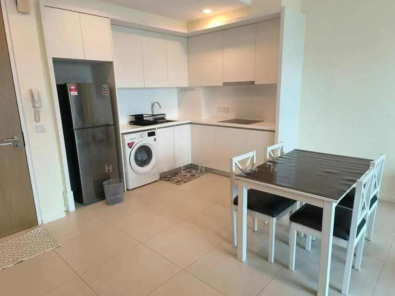 Kitchen features: white cabinetry, stainless-steel fridge, built-in oven, 4-burner gas hob, single-bowl stainless-steel sink, chrome pull-down faucet, washing machine, grey patterned backsplash, light-colored countertop, dining table with 4 chairs, tile flooring, recessed downlights; style: modern.