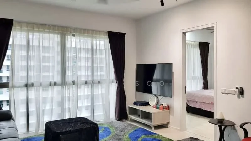 Living features: floor-to-ceiling windows, sheer curtains, blackout curtains, 3-seater fabric sofa in grey, coffee table, wall-mounted TV, TV console, area rug with geometric pattern, recessed downlights, ceiling fan, decorative mirror; style: modern; view: city. Room features: bed with bedding, sliding mirror wardrobe.