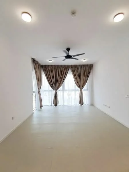 Living features: white painted walls, light-colored flooring, 5-blade ceiling fan with light, floor-to-ceiling windows, sheer curtains, heavy drapes, recessed ceiling lights; style: modern.