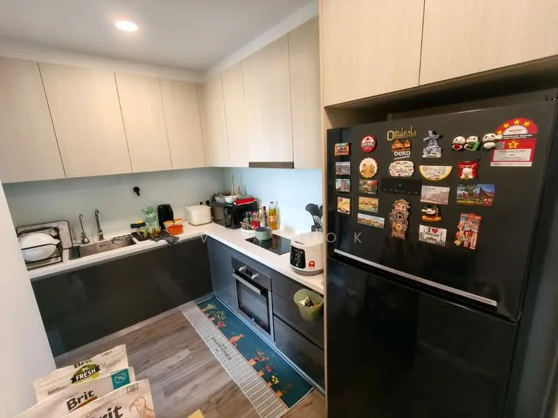 Kitchen features: light wood cabinetry, grey countertop, stainless-steel sink, chrome pull-down faucet, built-in oven, freestanding black fridge, microwave, ceramic tile backsplash, vinyl plank flooring, area rug with geometric pattern, kitchen appliances on countertop, wall-mounted cabinets, open shelving; style: modern.
