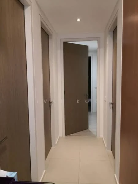 Hallway features: white painted walls, light-colored tile flooring, recessed ceiling lights, two wooden doors on the left, one wooden door on the right, neutral color scheme, narrow hallway layout; style: modern.