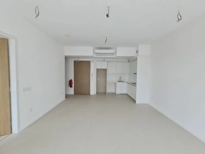 Living features: white painted walls, light-colored flooring, recessed downlights, wall-mounted split AC, open kitchen layout, kitchen cabinetry, countertop, fire extinguisher mounted on wall; style: modern.