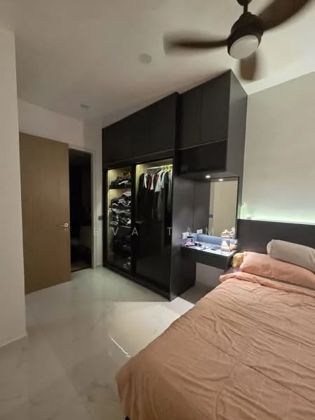 Bedroom features: queen-size bed with pink bedding, built-in wardrobe with sliding doors, open shelving in wardrobe, wooden door, marble tile flooring, ceiling fan, nightstand with lamp, wall-mounted light above bed, decorative wall panel behind bed; style: modern.