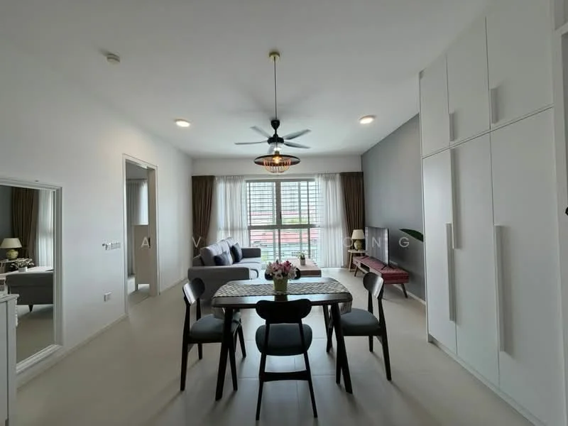 Dining features: dining table for 4, black dining chairs, pendant light fixture, white walls, grey accent wall, floor-to-ceiling windows, curtains, laminate flooring, decorative mirror, sofa in background, wall-mounted shelf, decorative items on shelf; style: modern; view: city. Living features: sofa, coffee table, TV console, wall-mounted TV, decorative items, laminate flooring; style: modern; view: city.