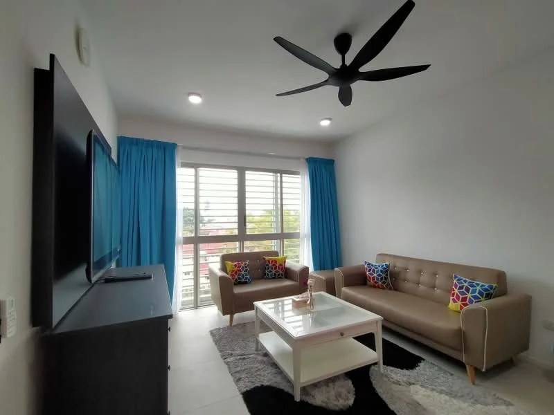 Living features: 3-seater fabric sofa in beige, 2-seater fabric sofa in beige, colorful decorative cushions, white coffee table, area rug with geometric pattern, wall-mounted TV, black TV console, 5-blade ceiling fan with light, floor-to-ceiling windows, blue curtains, white painted walls, tile flooring; style: modern; view: city.