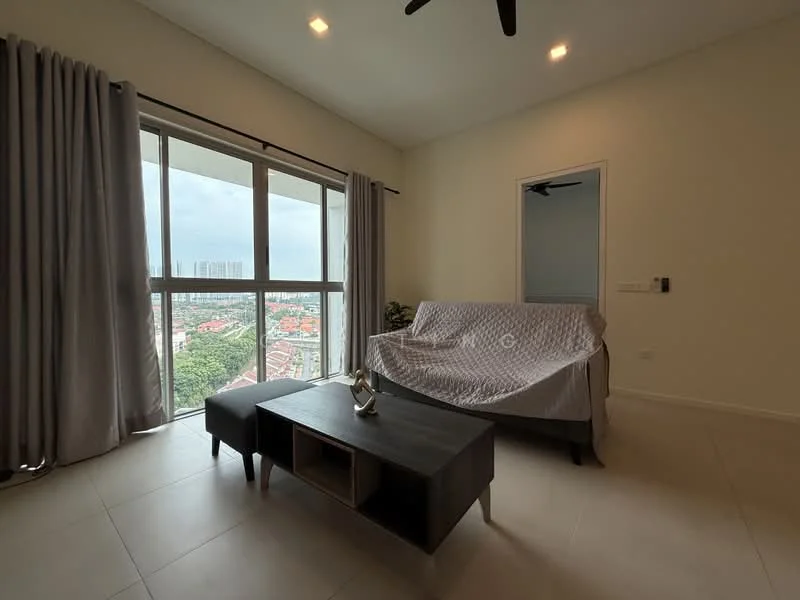 Living features: floor-to-ceiling windows, grey fabric sofa, wood coffee table, light-colored walls, recessed downlights, ceiling fan, curtains, tile flooring; style: modern; view: city.