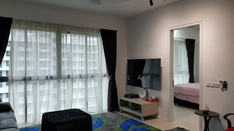 Living features: floor-to-ceiling windows, sheer curtains, blackout curtains, 3-seater fabric sofa in grey, coffee table, wall-mounted TV, TV console, area rug with abstract pattern, ceiling fan, decorative mirror, light-colored walls, tile flooring; style: modern; view: city. Room features: doorway leading to another room, light-colored walls, tile flooring.