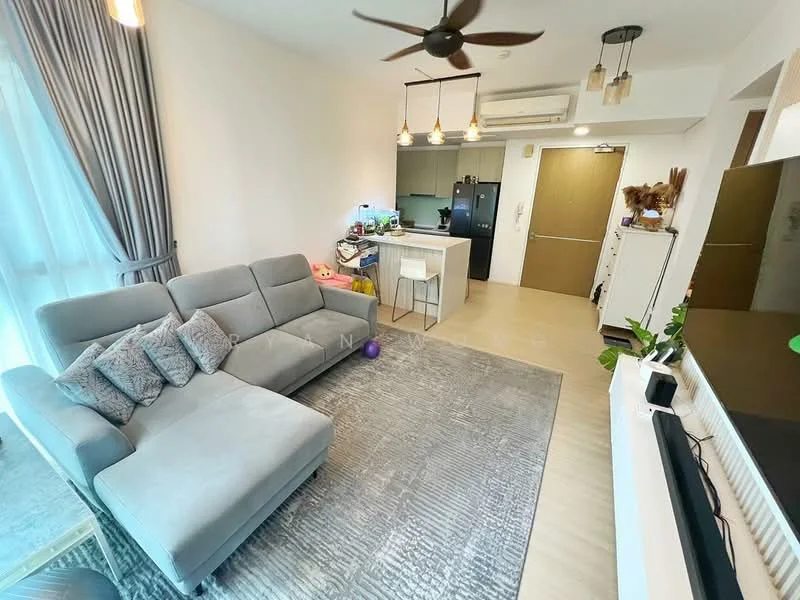 Living features: 3-seater fabric sofa in grey, area rug with geometric pattern, wall-mounted TV, TV console, pendant lighting, ceiling fan, floor-to-ceiling windows with sheer curtains, light wood flooring, decorative plants, open-plan layout to kitchen; style: modern. Kitchen features: kitchen island with seating, black refrigerator, built-in oven, stainless-steel sink, chrome pull-down faucet, white cabinetry, countertop with bar stools; style: modern.