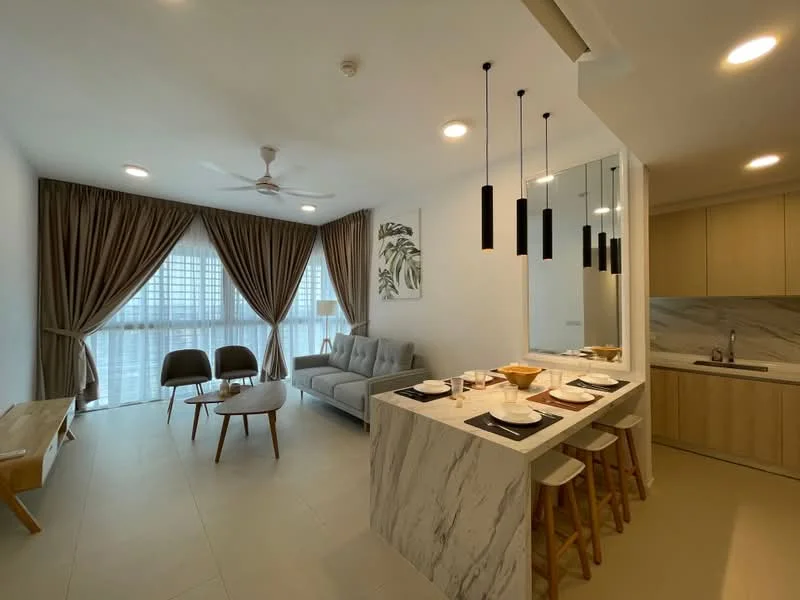 Living features: 3-seater fabric sofa in light grey, wooden coffee table, 2 wooden side tables, ceiling fan with light, floor-to-ceiling windows, sheer curtains, decorative wall art, tile flooring, recessed downlights; style: modern; view: city. Dining features: marble dining table, 4 wooden dining chairs, pendant lighting above table, open shelving, kitchen cabinetry, stainless-steel sink, built-in countertop, kitchen appliances visible; style: modern.