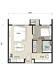Floor plan: 2-bedroom 1-bathroom unit; features: open-plan kitchen-dining-living, master bedroom with window, bedroom 2 with window, bathroom adjacent to living area, utility room, central foyer, balcony off living room, 1 car porch.