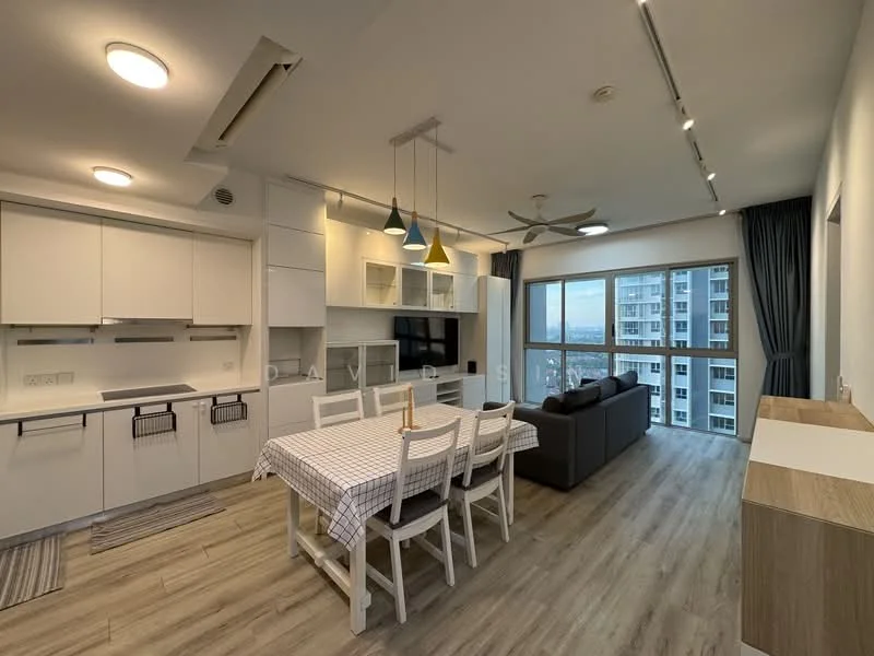 Kitchen features: white cabinetry, stainless-steel sink, chrome pull-down faucet, built-in oven, freestanding range oven, microwave, ceramic tile backsplash, grey countertop, open shelving; style: modern; view: city. Living features: 3-seater fabric sofa in grey, coffee table, TV console, wall-mounted TV, area rug, 5-blade ceiling fan with light, floor-to-ceiling windows, dining table with checkered tablecloth, 4 dining chairs; style: modern; view: city.