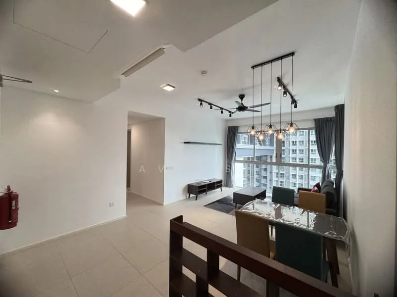 Living features: white painted walls, tile flooring, 5-blade ceiling fan with light, recessed downlights, large windows with city view, dining table with chairs, sofa, TV console, decorative wall shelf, area rug; style: modern; view: city.