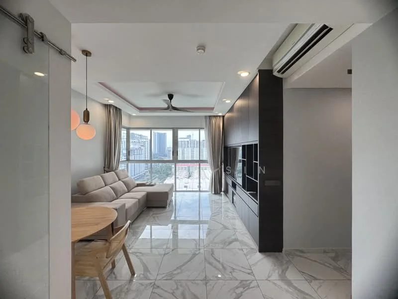 Living features: 3-seater fabric sofa in light beige, round wooden dining table, 4 wooden dining chairs, marble tile flooring, recessed downlights, 5-blade ceiling fan with light, floor-to-ceiling windows, curtains, wall-mounted TV unit, built-in cabinetry, decorative ceiling with cove lighting; style: modern; view: city.