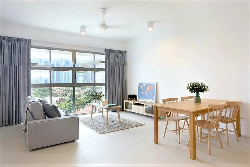 Living features: 3-seater fabric sofa in grey, wooden coffee table, area rug, TV console, wall-mounted TV, 4 dining chairs, dining table, floor-to-ceiling windows, sheer curtains, ceiling fan with light, light fixtures, decorative plant in vase; style: modern; view: city.