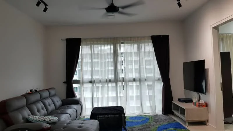 Living features: 3-seater grey leather sofa, 2-seater grey leather sofa, black coffee table, area rug with circular pattern, floor-to-ceiling windows, sheer curtains, blackout curtains, wall-mounted TV, TV console, ceiling fan with light, track lighting; style: modern; view: city.