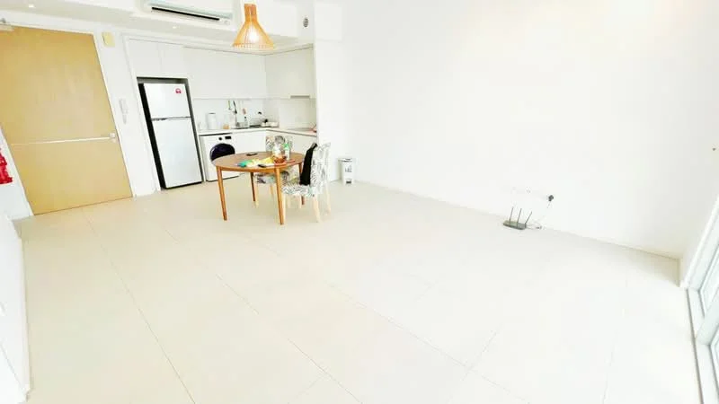 Living features: white painted walls, tile flooring, recessed downlights, dining table with four chairs, kitchen area with white cabinetry, stainless-steel fridge, open layout, floor-to-ceiling windows; style: modern.