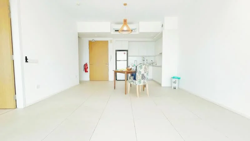 Dining features: light-colored tiled flooring, white painted walls, recessed downlights, wooden dining table, upholstered dining chairs with floral pattern, kitchen area visible in background, stainless-steel fridge, fire extinguisher mounted on wall, open layout, air conditioning unit mounted on ceiling; style: modern.