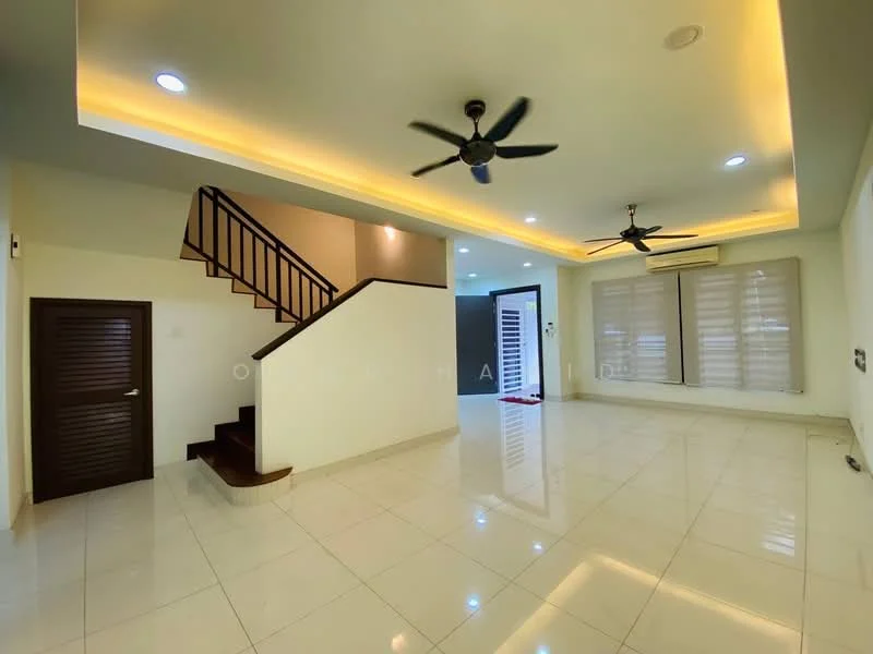 Living features: white painted walls, polished ceramic tile flooring, tray ceiling with recessed lighting, 2 ceiling fans, large windows with sheer curtains, staircase with wooden railing, air conditioning unit, neutral color scheme; style: modern.