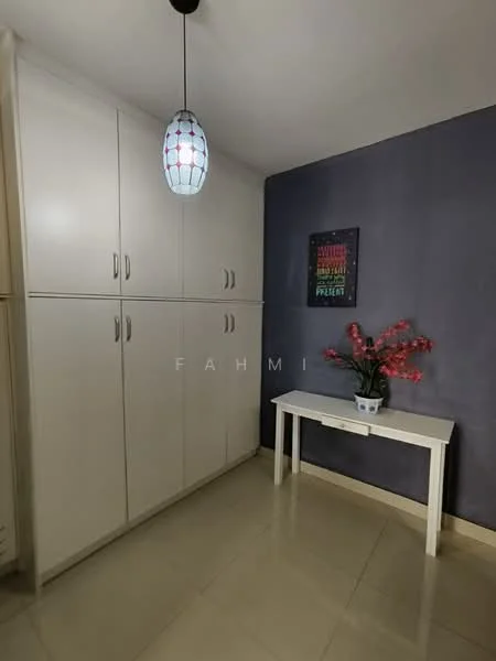 Room features: white cabinetry with multiple doors, cream tiled flooring, purple accent wall, pendant light fixture with stained glass design, decorative wall art, white console table, potted plant with pink flowers; style: modern.