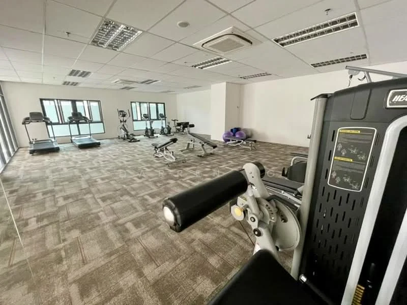 Room features: carpeted flooring, multiple treadmills, weight training machine, exercise mats, large windows, ceiling lights, air conditioning unit, open layout; style: modern.