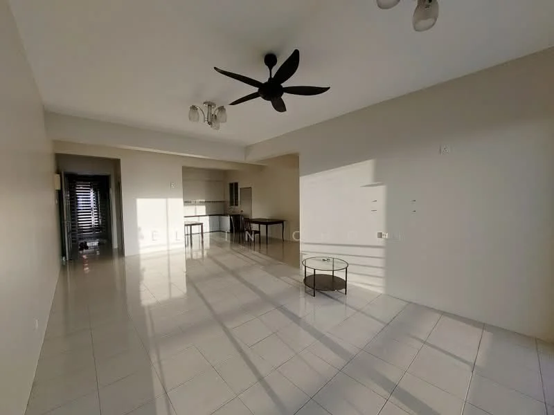 Living features: white painted walls, glossy tile flooring, 5-blade ceiling fan, recessed downlights, large windows allowing natural light, open layout, coffee table, dining area visible in background; style: modern.