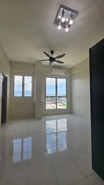 Room features: white painted walls, glossy ceramic tile flooring, 5-blade ceiling fan with light, floor-to-ceiling windows, sliding glass door, mountain view, wall-mounted split AC, natural light from windows; style: modern; view: mountain.