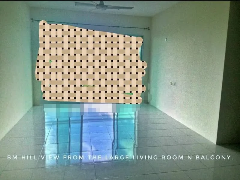 Living features: white painted walls, glossy ceramic tile flooring, ceiling fan, large sliding glass door, sheer curtains, balcony access, neutral color scheme, recessed lighting; style: modern; view: hill.
