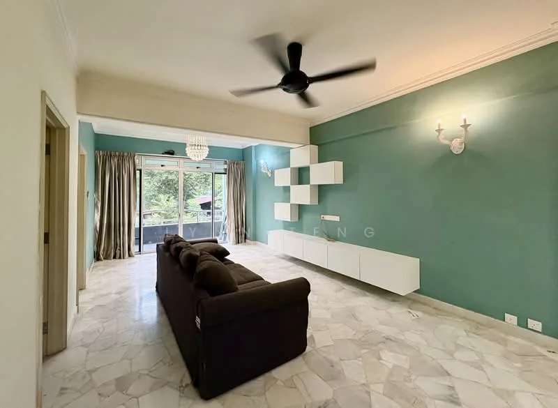 Living features: 3-seater fabric sofa in dark brown, white wall-mounted TV console, marble flooring, green painted walls, ceiling fan with 5 blades, chandelier, floor-to-ceiling windows, curtains, decorative wall sconces, open layout to balcony; style: modern; view: garden.